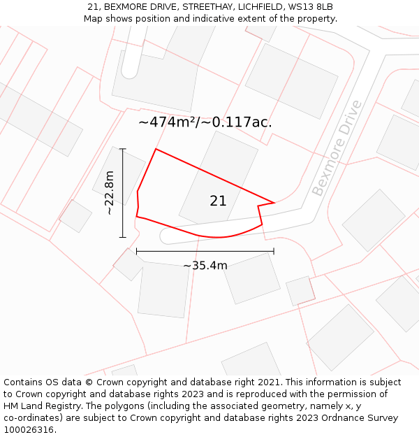 21, BEXMORE DRIVE, STREETHAY, LICHFIELD, WS13 8LB: Plot and title map