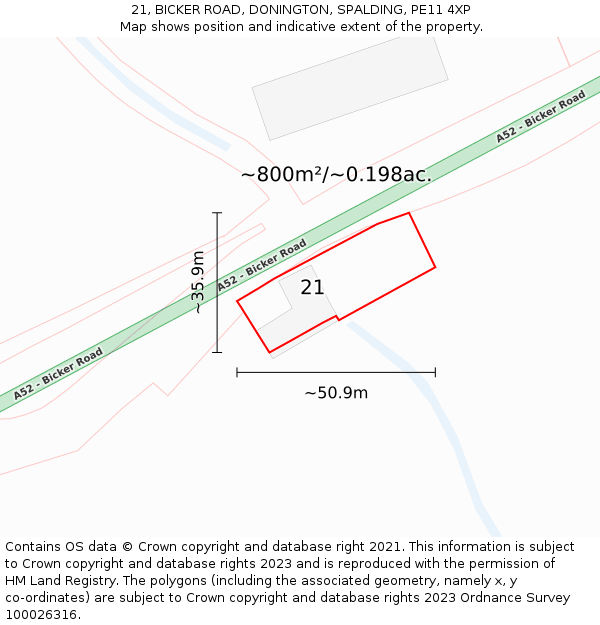 21, BICKER ROAD, DONINGTON, SPALDING, PE11 4XP: Plot and title map
