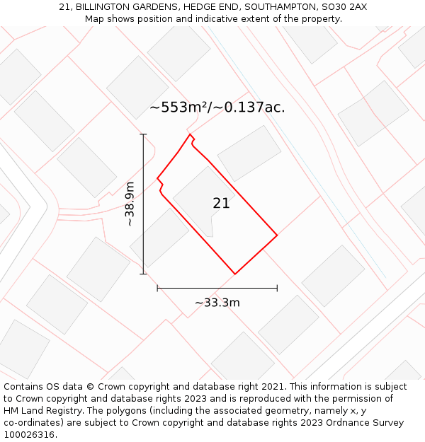 21, BILLINGTON GARDENS, HEDGE END, SOUTHAMPTON, SO30 2AX: Plot and title map