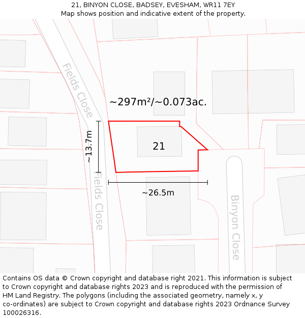 21, BINYON CLOSE, BADSEY, EVESHAM, WR11 7EY: Plot and title map