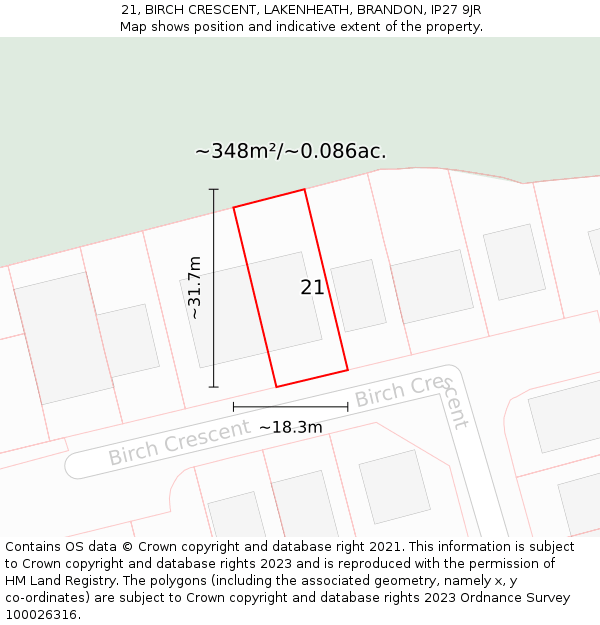 21, BIRCH CRESCENT, LAKENHEATH, BRANDON, IP27 9JR: Plot and title map