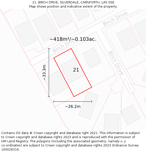 21, BIRCH DRIVE, SILVERDALE, CARNFORTH, LA5 0SE: Plot and title map