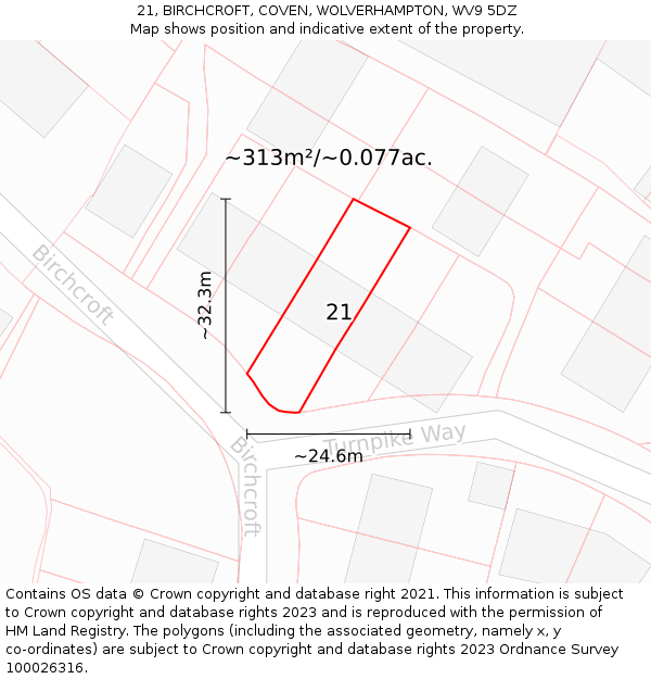 21, BIRCHCROFT, COVEN, WOLVERHAMPTON, WV9 5DZ: Plot and title map