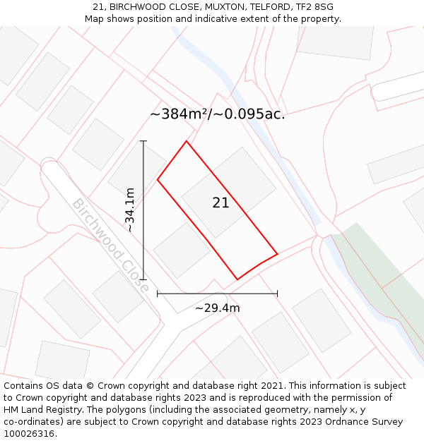 21, BIRCHWOOD CLOSE, MUXTON, TELFORD, TF2 8SG: Plot and title map