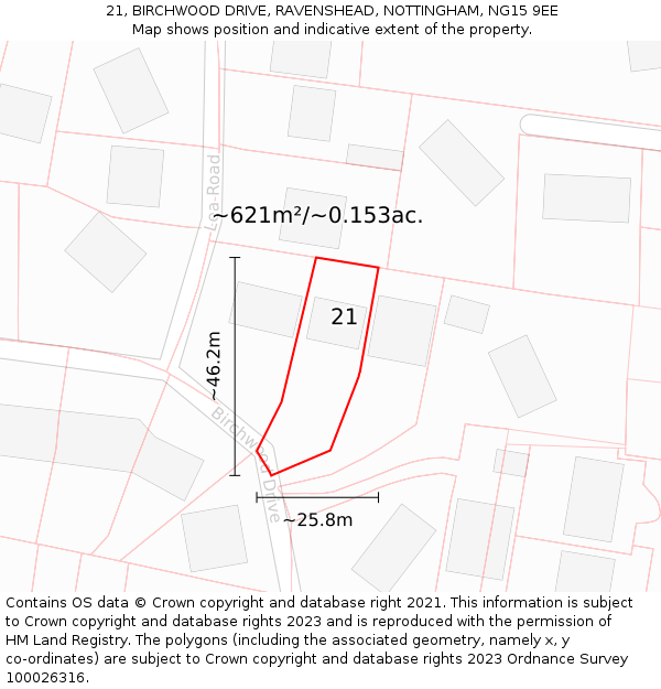 21, BIRCHWOOD DRIVE, RAVENSHEAD, NOTTINGHAM, NG15 9EE: Plot and title map