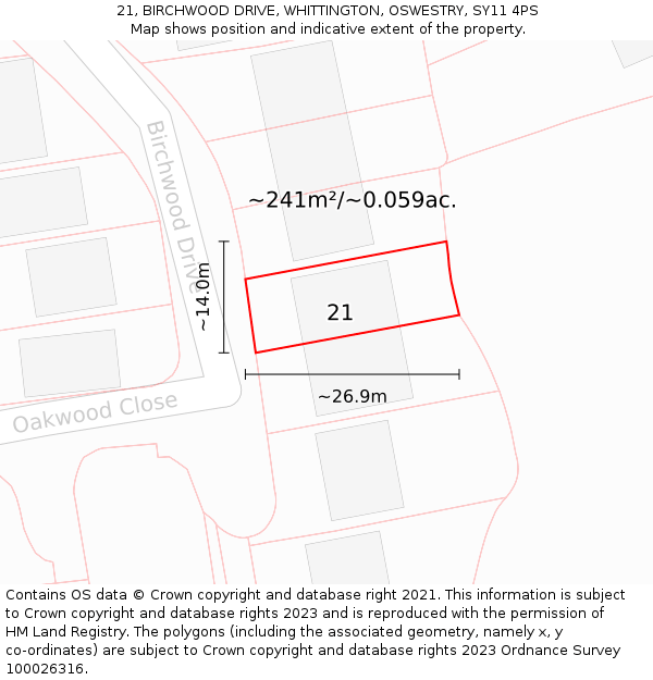 21, BIRCHWOOD DRIVE, WHITTINGTON, OSWESTRY, SY11 4PS: Plot and title map