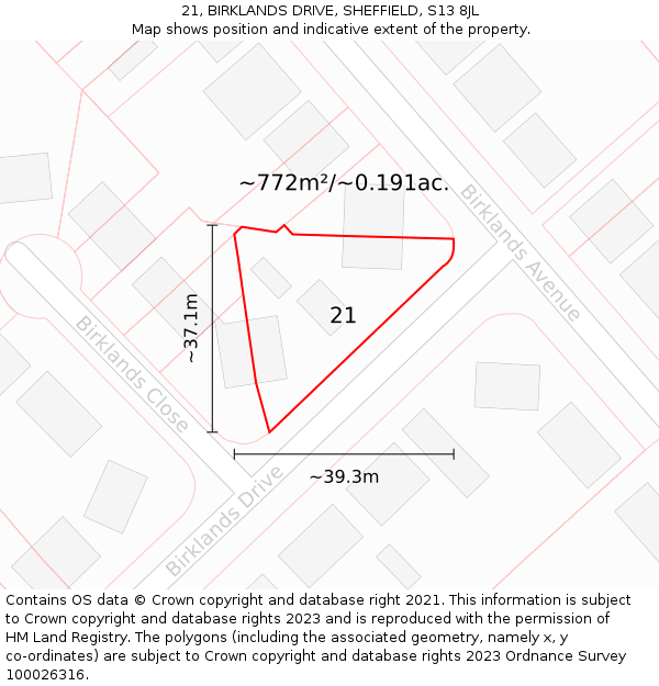 21, BIRKLANDS DRIVE, SHEFFIELD, S13 8JL: Plot and title map