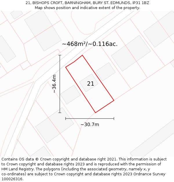 21, BISHOPS CROFT, BARNINGHAM, BURY ST. EDMUNDS, IP31 1BZ: Plot and title map