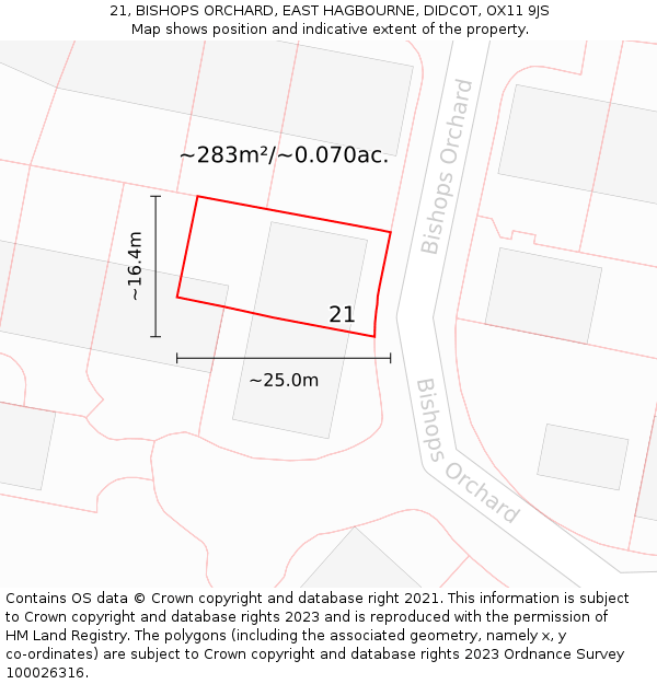 21, BISHOPS ORCHARD, EAST HAGBOURNE, DIDCOT, OX11 9JS: Plot and title map