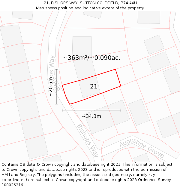 21, BISHOPS WAY, SUTTON COLDFIELD, B74 4XU: Plot and title map