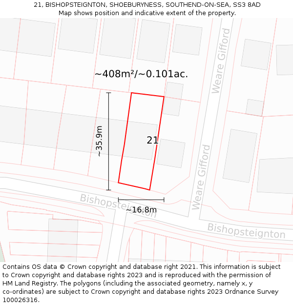 21, BISHOPSTEIGNTON, SHOEBURYNESS, SOUTHEND-ON-SEA, SS3 8AD: Plot and title map