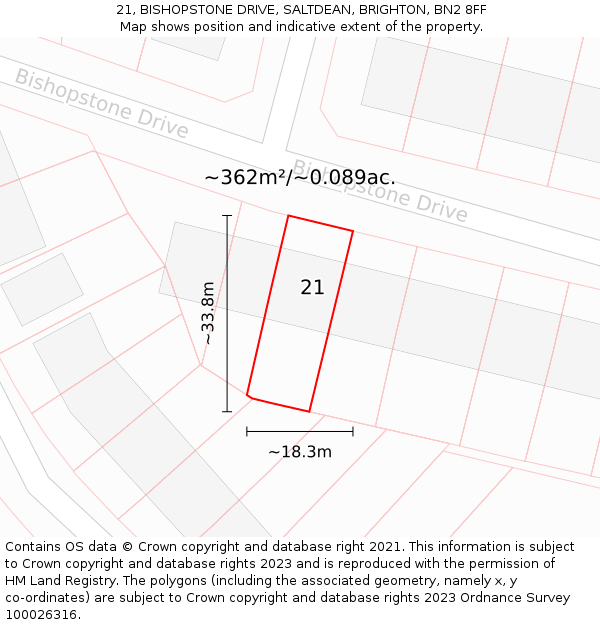 21, BISHOPSTONE DRIVE, SALTDEAN, BRIGHTON, BN2 8FF: Plot and title map