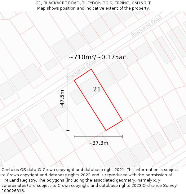 21, BLACKACRE ROAD, THEYDON BOIS, EPPING, CM16 7LT: Plot and title map