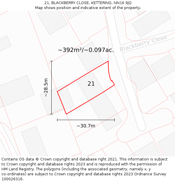 21, BLACKBERRY CLOSE, KETTERING, NN16 9JQ: Plot and title map
