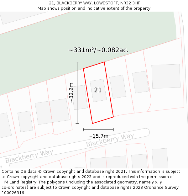 21, BLACKBERRY WAY, LOWESTOFT, NR32 3HF: Plot and title map