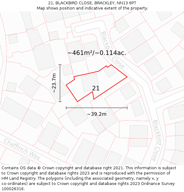 21, BLACKBIRD CLOSE, BRACKLEY, NN13 6PT: Plot and title map