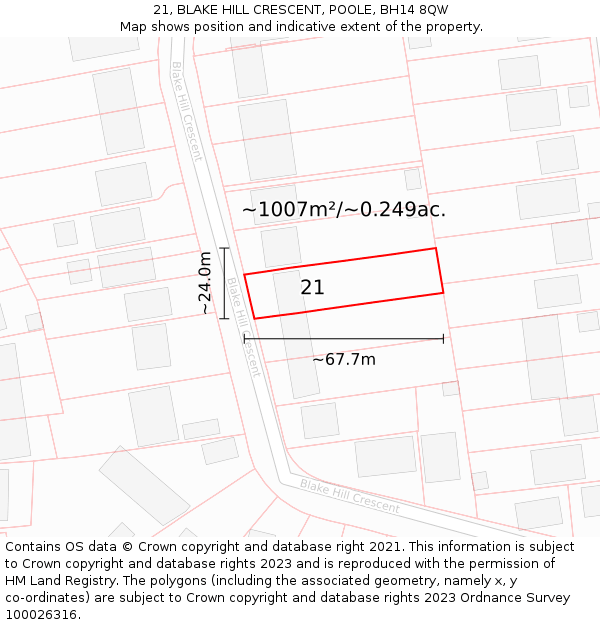 21, BLAKE HILL CRESCENT, POOLE, BH14 8QW: Plot and title map