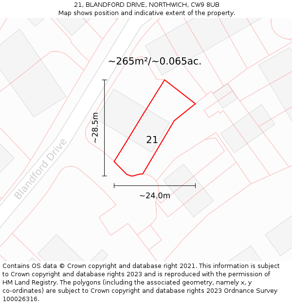 21, BLANDFORD DRIVE, NORTHWICH, CW9 8UB: Plot and title map