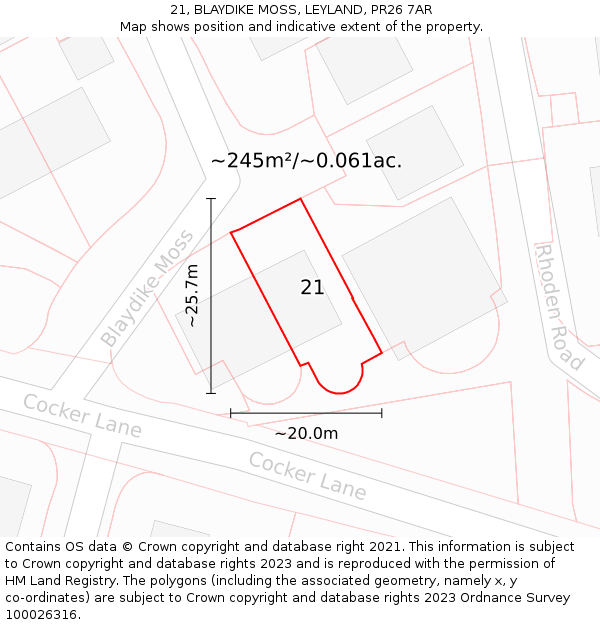 21, BLAYDIKE MOSS, LEYLAND, PR26 7AR: Plot and title map