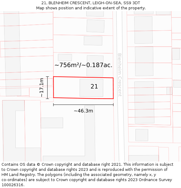 21, BLENHEIM CRESCENT, LEIGH-ON-SEA, SS9 3DT: Plot and title map