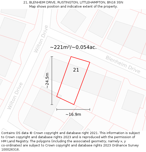 21, BLENHEIM DRIVE, RUSTINGTON, LITTLEHAMPTON, BN16 3SN: Plot and title map