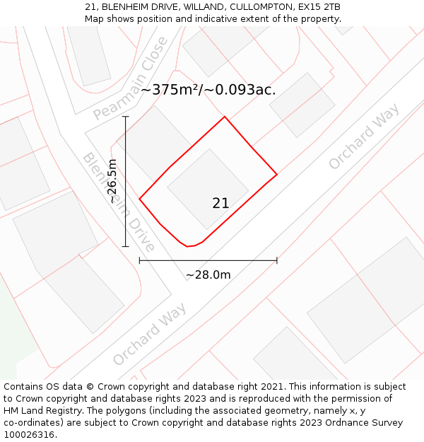 21, BLENHEIM DRIVE, WILLAND, CULLOMPTON, EX15 2TB: Plot and title map