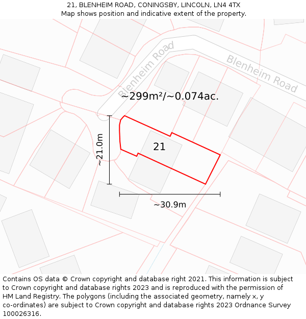 21, BLENHEIM ROAD, CONINGSBY, LINCOLN, LN4 4TX: Plot and title map