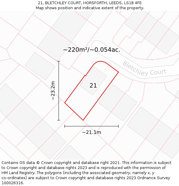 21, BLETCHLEY COURT, HORSFORTH, LEEDS, LS18 4FE: Plot and title map
