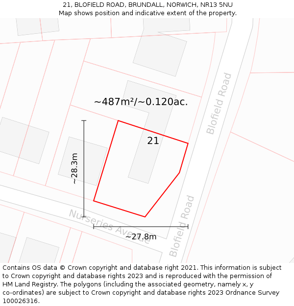 21, BLOFIELD ROAD, BRUNDALL, NORWICH, NR13 5NU: Plot and title map