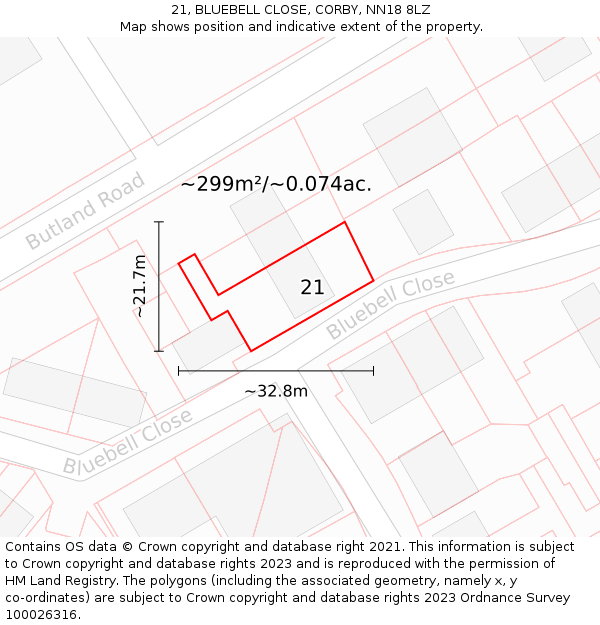 21, BLUEBELL CLOSE, CORBY, NN18 8LZ: Plot and title map