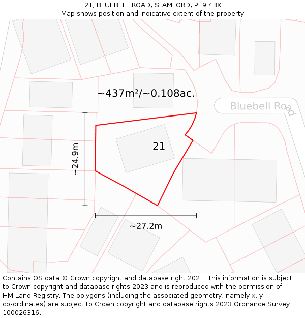 21, BLUEBELL ROAD, STAMFORD, PE9 4BX: Plot and title map