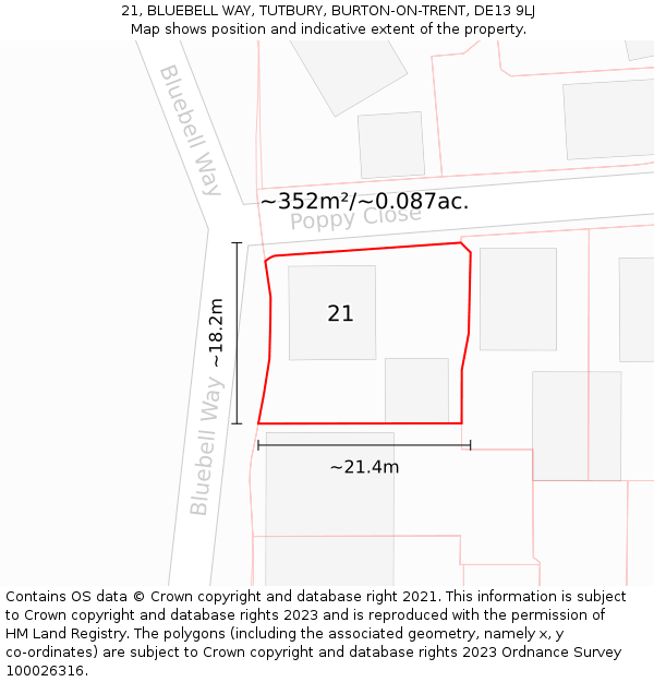21, BLUEBELL WAY, TUTBURY, BURTON-ON-TRENT, DE13 9LJ: Plot and title map