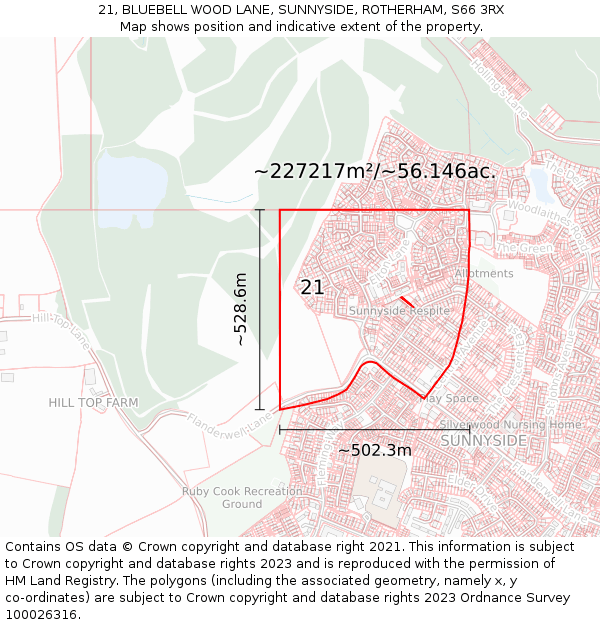 21, BLUEBELL WOOD LANE, SUNNYSIDE, ROTHERHAM, S66 3RX: Plot and title map