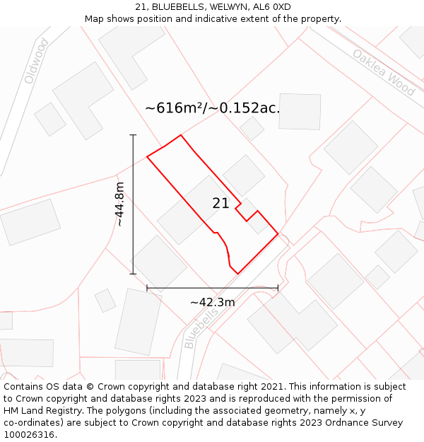 21, BLUEBELLS, WELWYN, AL6 0XD: Plot and title map