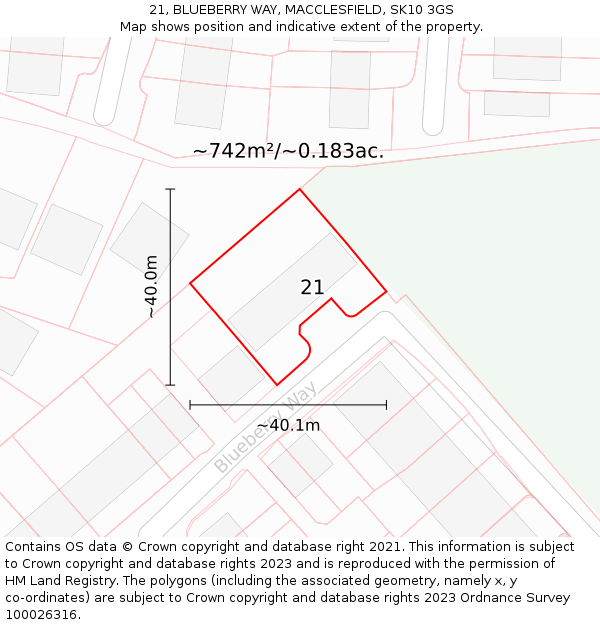 21, BLUEBERRY WAY, MACCLESFIELD, SK10 3GS: Plot and title map