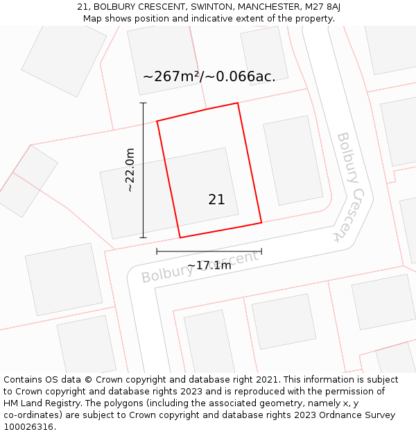 21, BOLBURY CRESCENT, SWINTON, MANCHESTER, M27 8AJ: Plot and title map