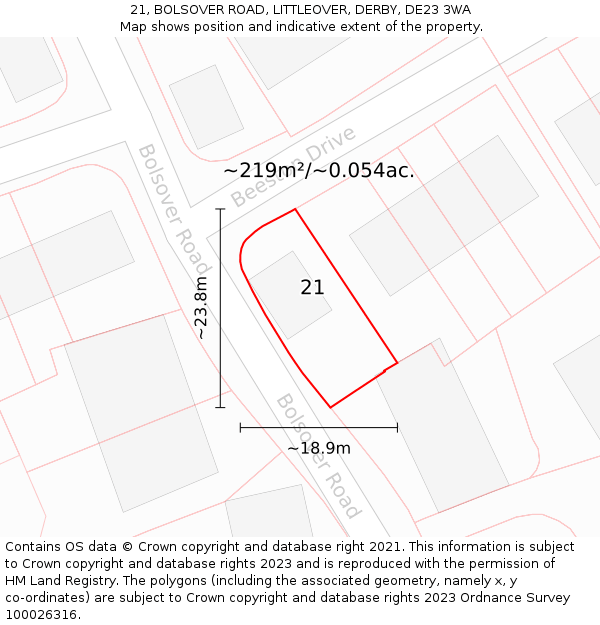 21, BOLSOVER ROAD, LITTLEOVER, DERBY, DE23 3WA: Plot and title map