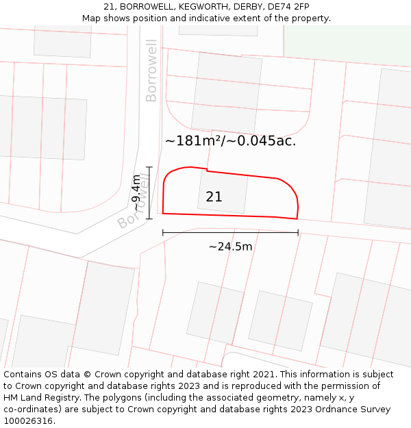 21, BORROWELL, KEGWORTH, DERBY, DE74 2FP: Plot and title map