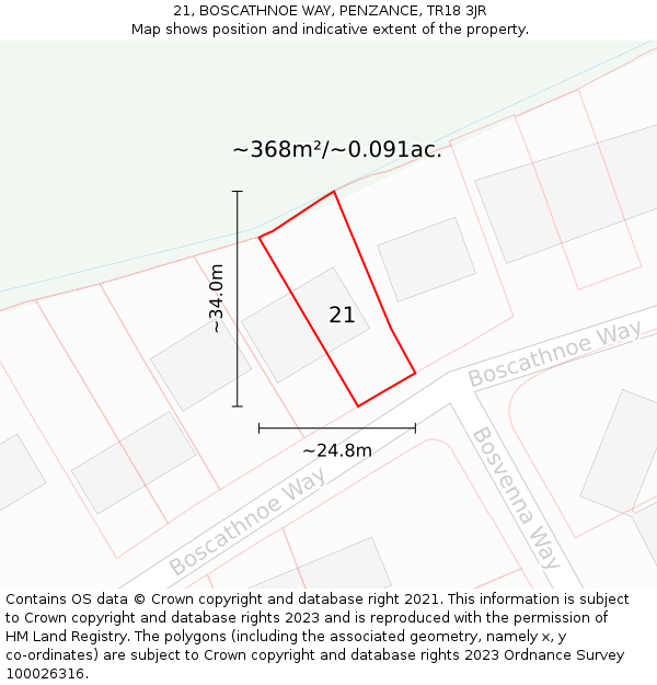 21, BOSCATHNOE WAY, PENZANCE, TR18 3JR: Plot and title map