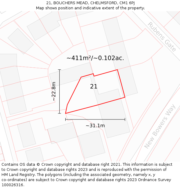 21, BOUCHERS MEAD, CHELMSFORD, CM1 6PJ: Plot and title map