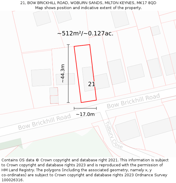 21, BOW BRICKHILL ROAD, WOBURN SANDS, MILTON KEYNES, MK17 8QD: Plot and title map