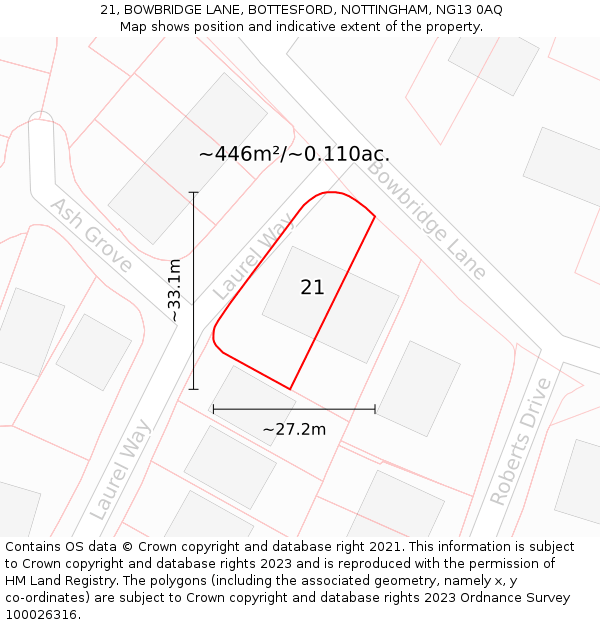 21, BOWBRIDGE LANE, BOTTESFORD, NOTTINGHAM, NG13 0AQ: Plot and title map
