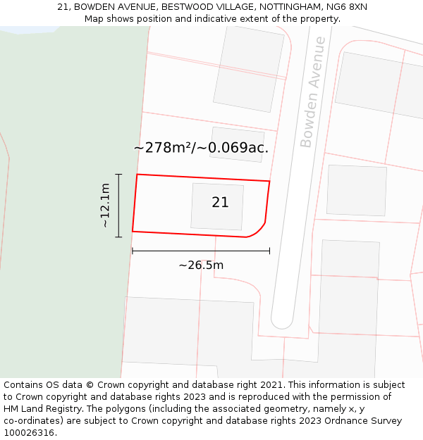 21, BOWDEN AVENUE, BESTWOOD VILLAGE, NOTTINGHAM, NG6 8XN: Plot and title map