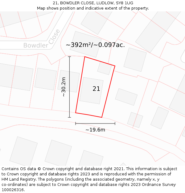 21, BOWDLER CLOSE, LUDLOW, SY8 1UG: Plot and title map