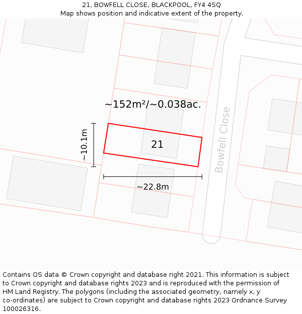 21, BOWFELL CLOSE, BLACKPOOL, FY4 4SQ: Plot and title map