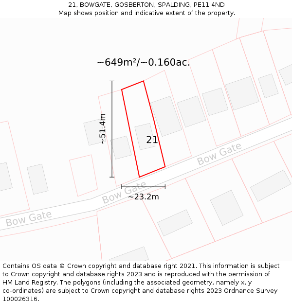 21, BOWGATE, GOSBERTON, SPALDING, PE11 4ND: Plot and title map