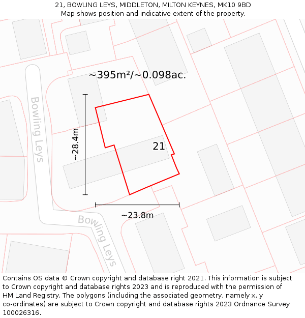 21, BOWLING LEYS, MIDDLETON, MILTON KEYNES, MK10 9BD: Plot and title map