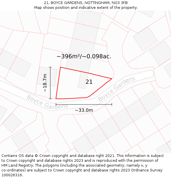 21, BOYCE GARDENS, NOTTINGHAM, NG3 3FB: Plot and title map