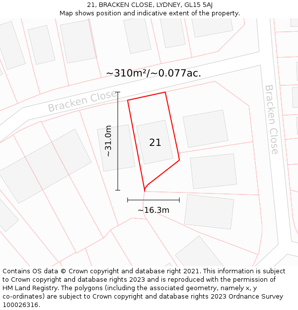21, BRACKEN CLOSE, LYDNEY, GL15 5AJ: Plot and title map
