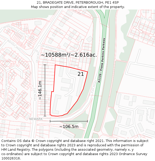 21, BRADEGATE DRIVE, PETERBOROUGH, PE1 4SP: Plot and title map